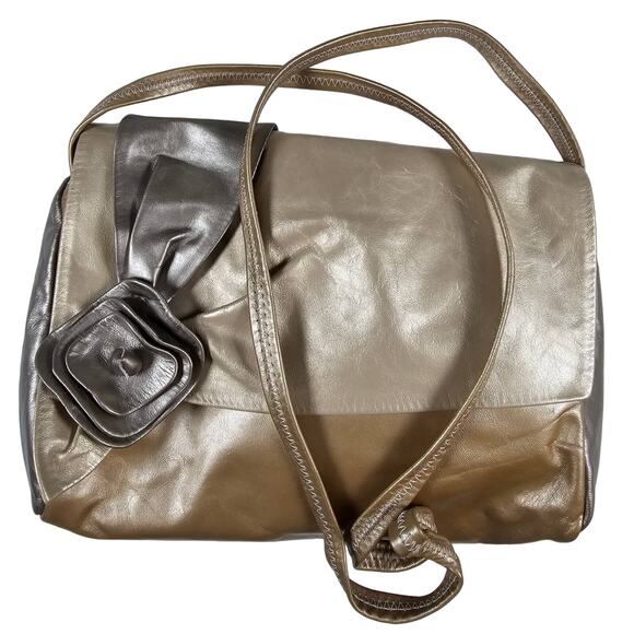 METALIC Gold Silver Platinum Crossbody Soft Leather Pocketbook with Rosette Bow - Picture 3 of 8